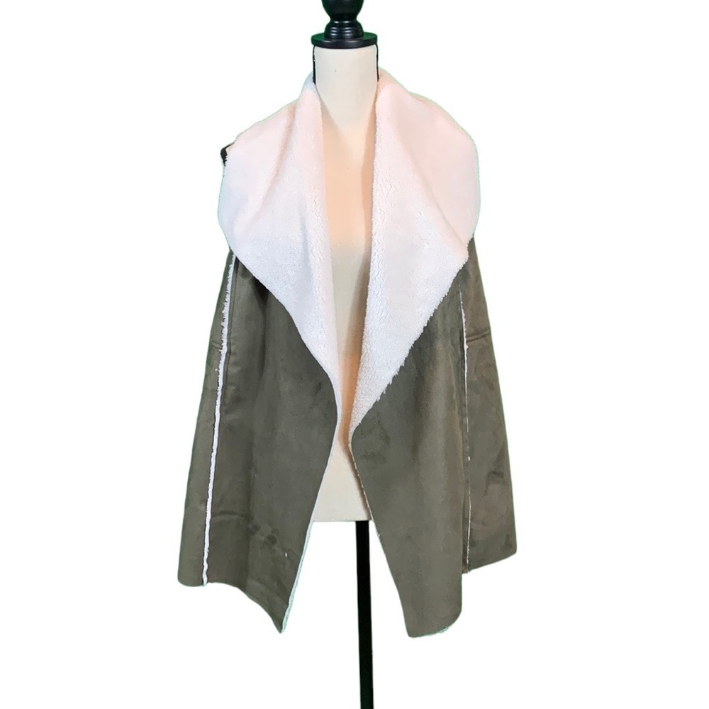 Nordstrom Rack Faux Suede Sherling Vest -  Olive Ivory - Medium